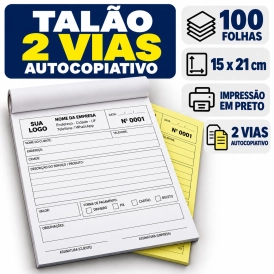 PERSONALIZADO 2 VIAS - 15X21CM - AUTOCOPIATIVO - 100 FOLHAS - PRETO