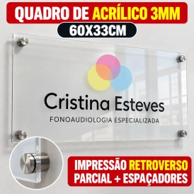 QUADRO DE ACRÍLICO 3MM - IMPRESSÃO RETROVERSO PARCIAL + ESPAÇADORES - 60X33CM