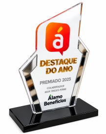 TROFÉU ACRÍLICO COM IMPRESSÃO + BASE PRETA 10MM LISA + DETALHES ESP. PRATA E DOURADO - PERSONALIZADO