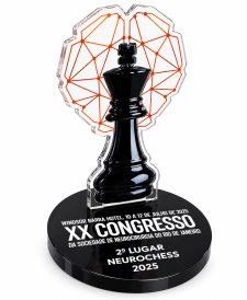 TROFÉU ACRÍLICO COM IMPRESSÃO + BASE PRETA 10MM REDONDA + ESCRITA BRANCA - PERSONALIZADO