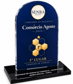 TROFÉU ACRÍLICO COM IMPRESSÃO 20X15CM + BASE PRETA 10MM COM IMPRESSÃO BRANCA - PERSONALIZADO