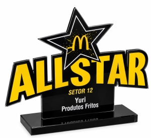 TROFÉU ACRÍLICO COM IMPRESSÃO + BASE PRETA 10MM LISA - PERSONALIZADO