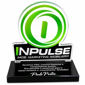 TROFÉU ACRÍLICO COM IMPRESSÃO + BASE PRETA 10MM COM IMPRESSÃO BRANCA - PERSONALIZADO