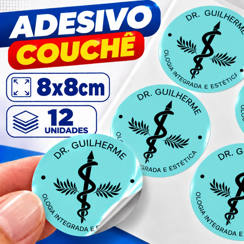 ADESIVO COUCHÊ - 12 UNIDADES POR FOLHA - 8CM X 8CM