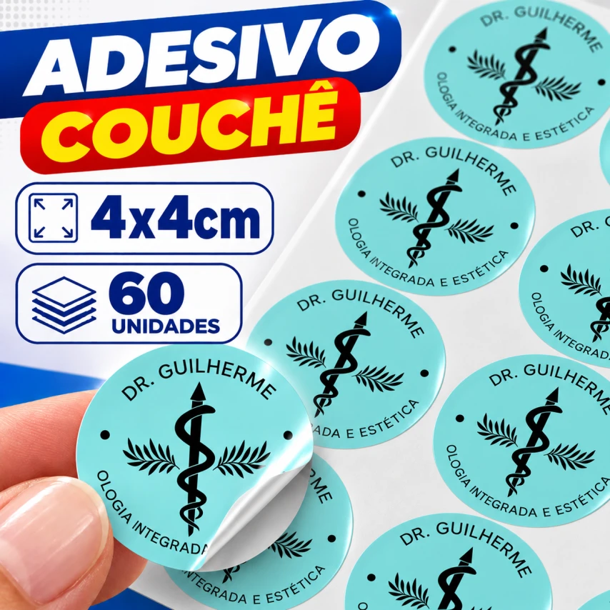 ADESIVO COUCHÊ - 60 UNIDADES POR FOLHA - 4CM X 4CM