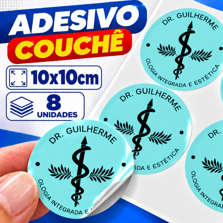 ADESIVO COUCHÊ - 8 UNIDADES POR FOLHA - 10CM X 10CM