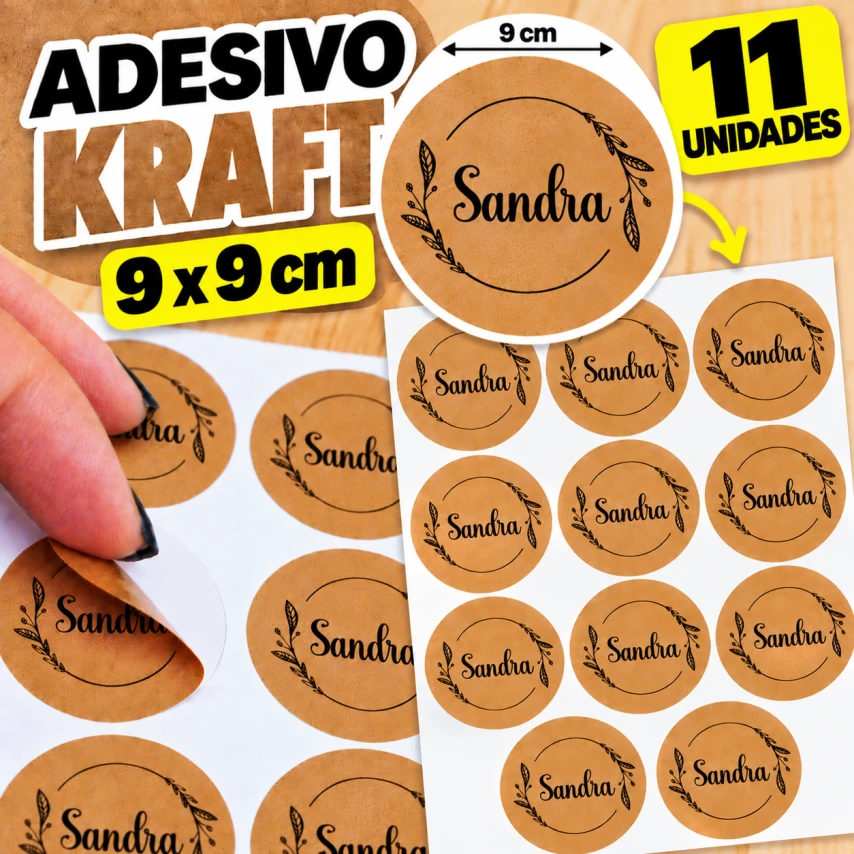 ADESIVO KRAFT - 11 UNIDADES POR FOLHA - 9CM X9CM
