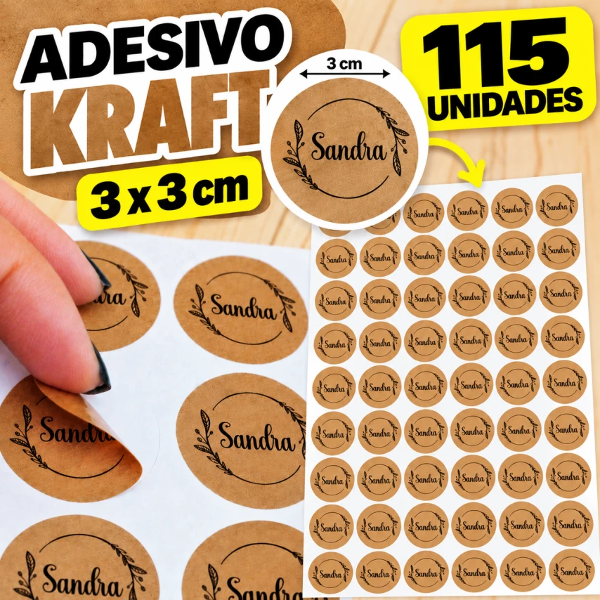 ADESIVO KRAFT - 115 UNIDADES POR FOLHA - 3CM X 3CM