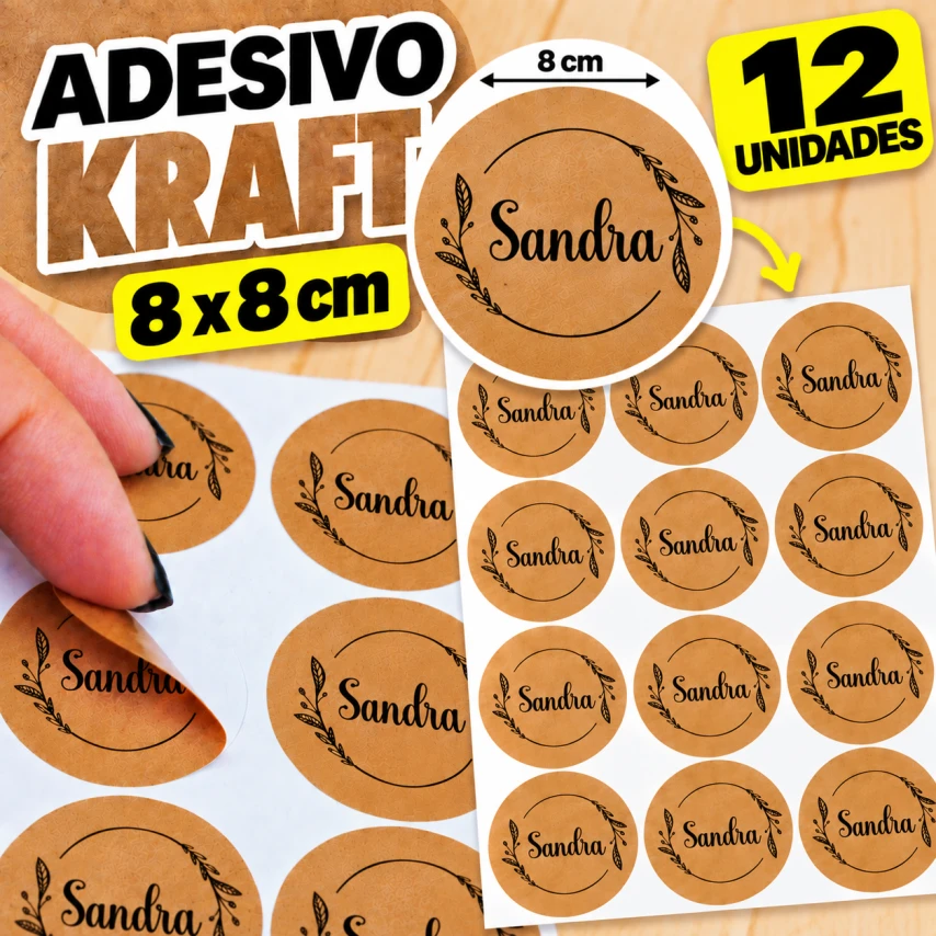 ADESIVO KRAFT - 12 UNIDADES POR FOLHA - 8CM X 8CM