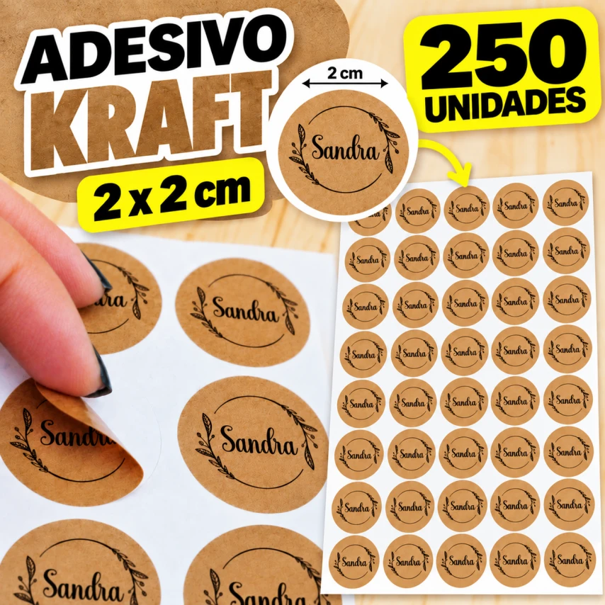 ADESIVO KRAFT - 250 UNIDADES POR FOLHA - 2CM X 2CM