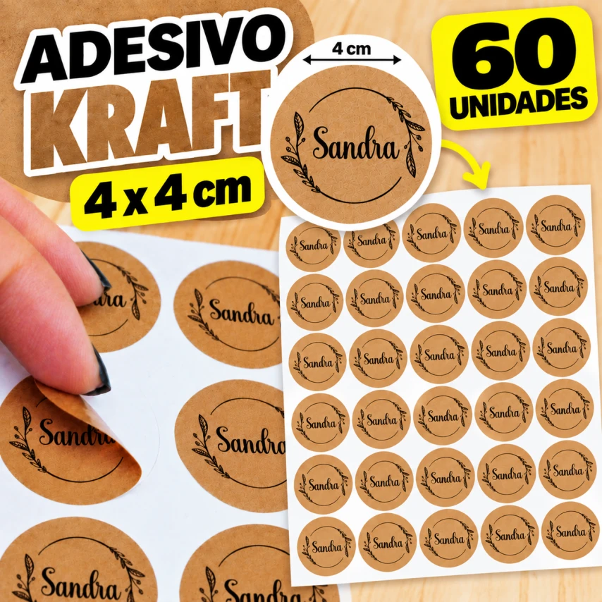 ADESIVO KRAFT - 60 UNIDADES POR FOLHA - 4CM X4CM