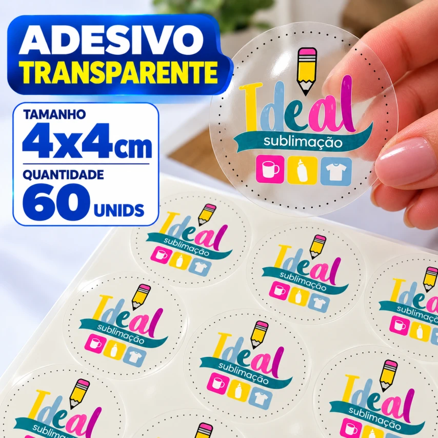 ADESIVO TRANSPARENTE - 60 UNIDADES POR FOLHA - 4CM X 4CM