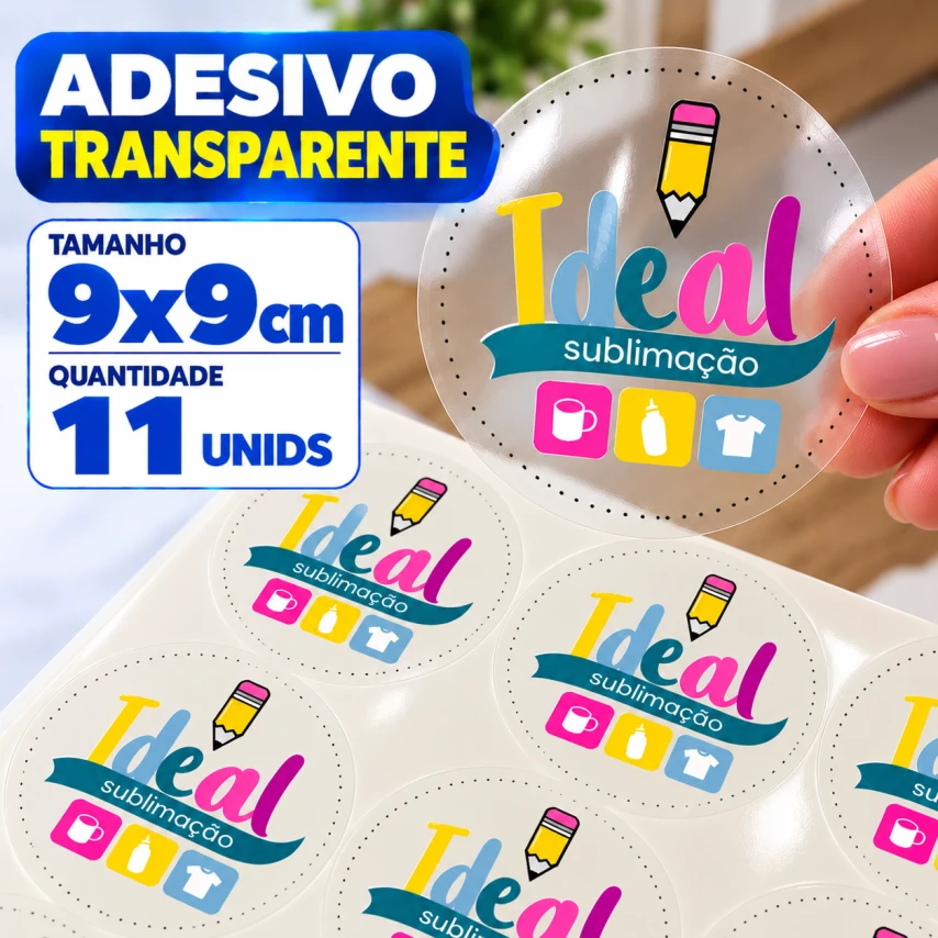 ADESIVO TRANSPARENTE - 11 UNIDADES POR FOLHA - 9CM X 9CM