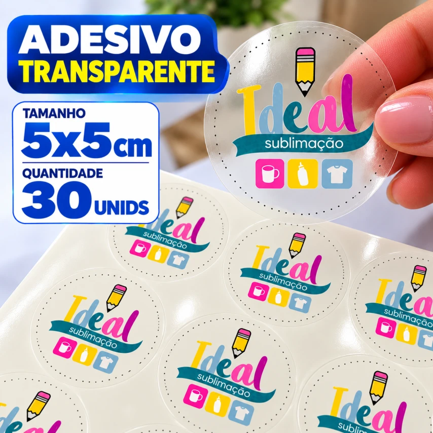 ADESIVO TRANSPARENTE - 30 UNIDADES POR FOLHA - 5CM X 5CM