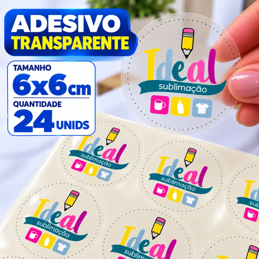 ADESIVO TRANSPARENTE - 24 UNIDADES POR FOLHA - 6CM X 6CM