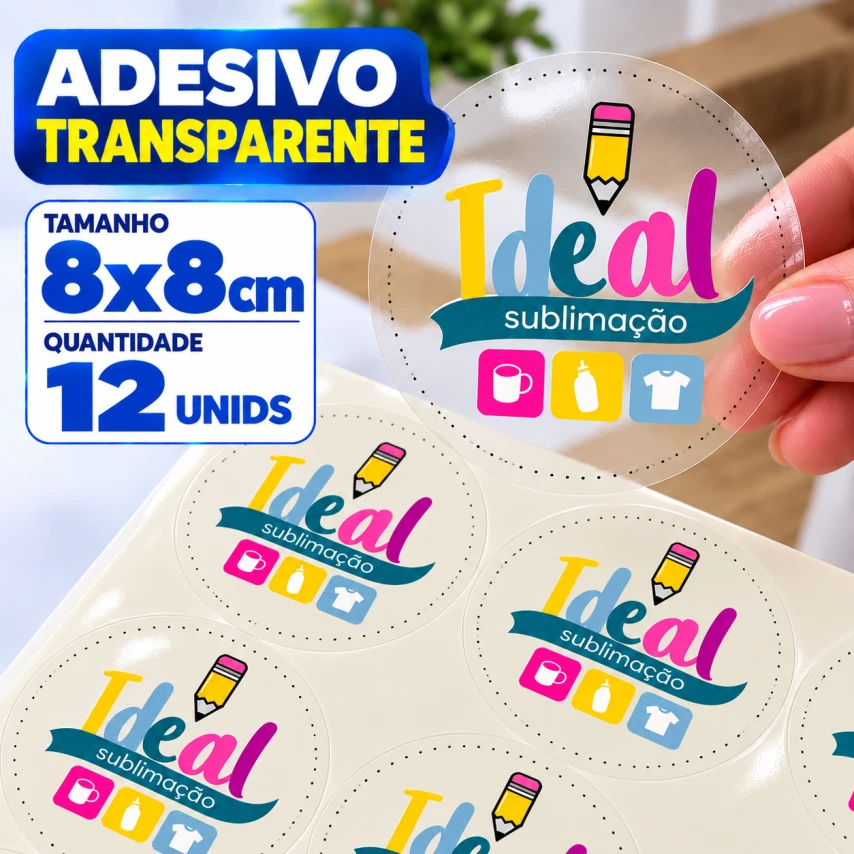 ADESIVO TRANSPARENTE - 12 UNIDADES POR FOLHA - 8CM X 8CM