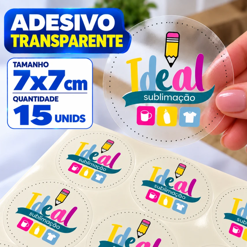 ADESIVO TRANSPARENTE - 15 UNIDADES POR FOLHA - 7CM X 7CM