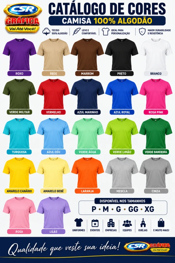CAMISA DE ALGODÃO PERSONALIZADA - 3 CORES - PEITO 8x8 E COSTAS A4