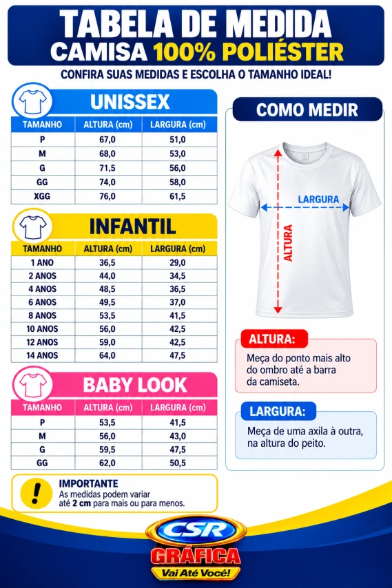 CAMISA DE POLIÉSTER PERSONALIZADA DTF - PEITO 8x8 E COSTAS A4