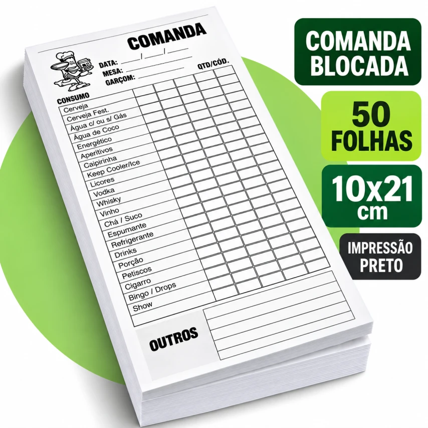 COMANDA BLOCADA PERSONALIZADA - 50 FOLHAS - 10x21CM