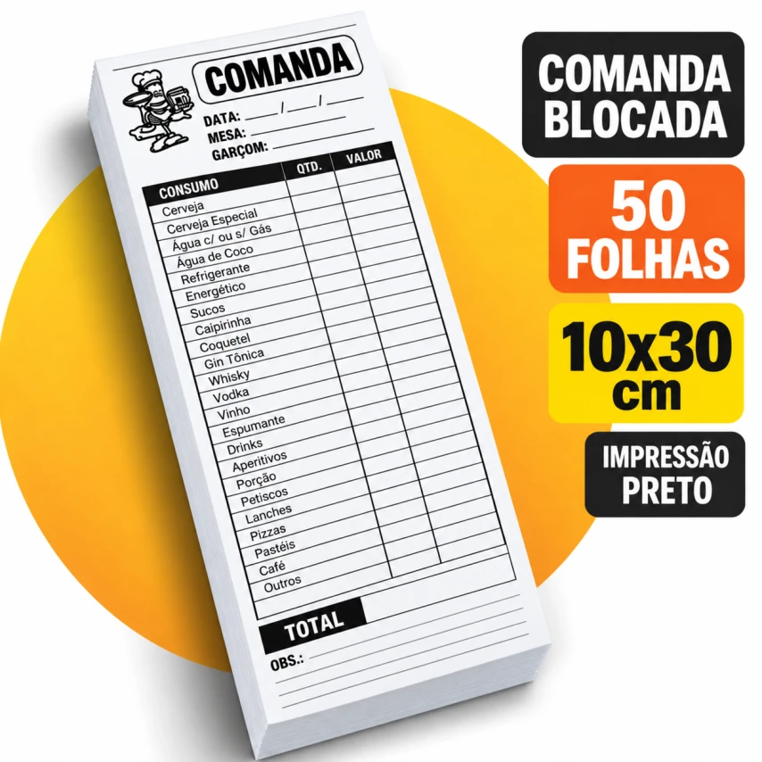 COMANDA BLOCADA PERSONALIZADA - 50 FOLHAS - 10x30CM