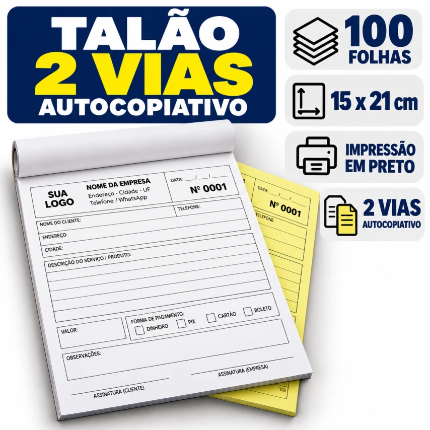 PERSONALIZADO 2 VIAS - 15X21CM - AUTOCOPIATIVO - 100 FOLHAS - PRETO