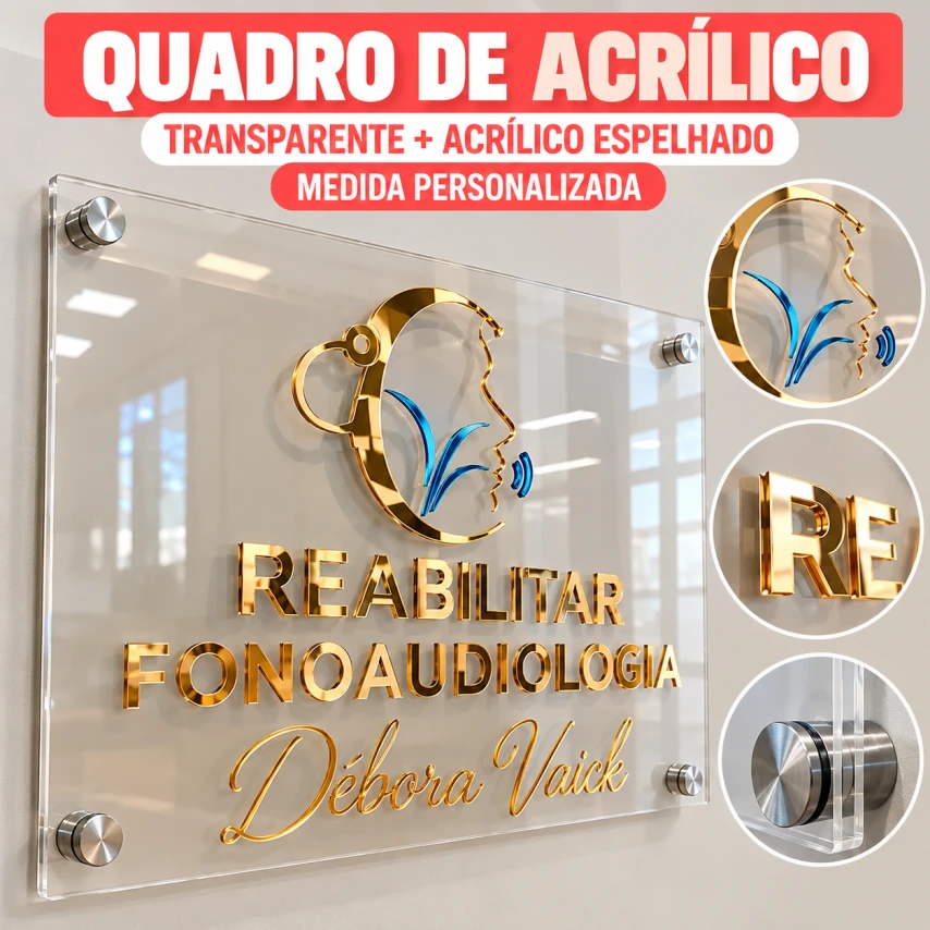QUADRO DE ACRÍLICO 3MM + ACRÍLICO ESPELHADO + ESPAÇADORES
