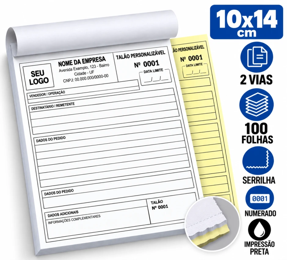 TALÃO - 10x14 - 2 VIAS - SERRILHA E NUMERADO - 100 FOLHAS - PRETO E BRANCO