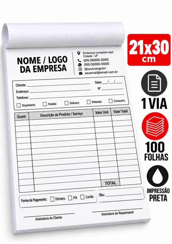 TALÃO - 21x30 - 1 VIA - 100 FOLHAS - PRETO E BRANCO