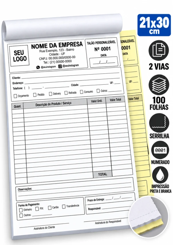 TALÃO - 21x30 - 2 VIAS - SERRILHA E NUMERADO - 100 FOLHAS - PRETO E BRANCO