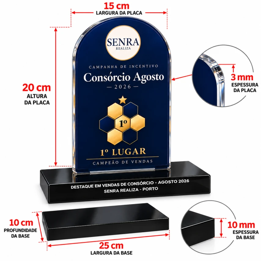 TROFÉU ACRÍLICO COM IMPRESSÃO 20X15CM + BASE PRETA 10MM COM IMPRESSÃO BRANCA - PERSONALIZADO