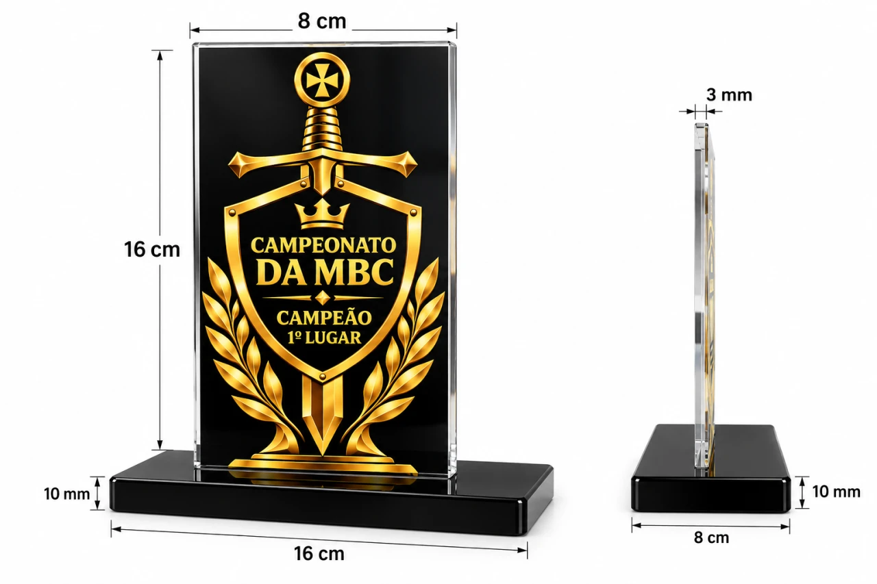 TROFÉU ACRÍLICO COM IMPRESSÃO 16X8 + BASE PRETA 10MM LISA - PERSONALIZADO
