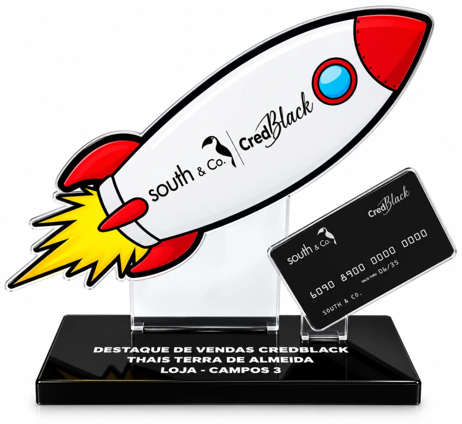 TROFÉU ACRÍLICO COM IMPRESSÃO + BASE PRETA 10MM COM IMPRESSÃO BRANCA - PERSONALIZADO