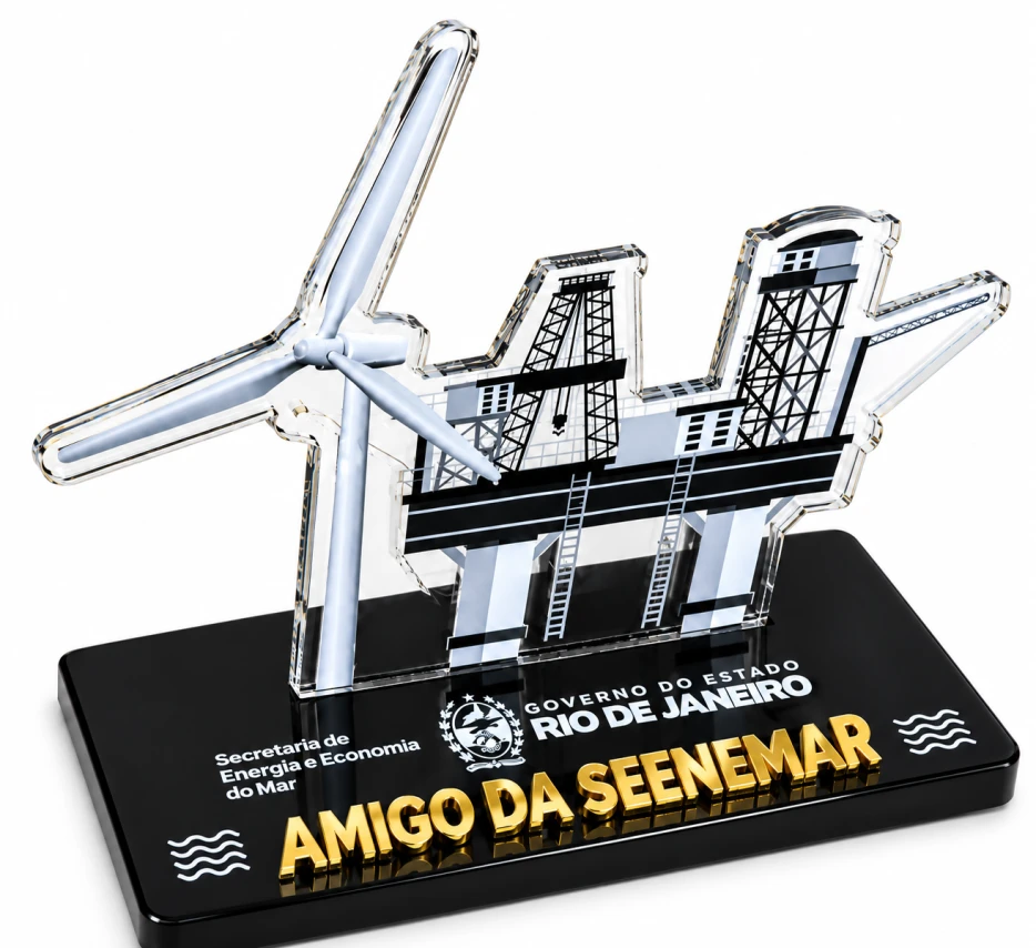 TROFÉU ACRÍLICO COM IMPRESSÃO + BASE PRETA 10MM + ESCRITA BRANCA  + ACRÍLICO DOURADO - PERSONALIZADO