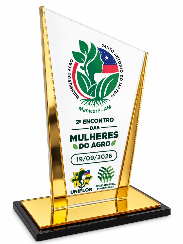 TROFÉU ACRÍLICO 3MM COM IMPRESSÃO 15X9CM + DOURADO ESPELHADO + BASE PRETA 3MM - PERSONALIZADO