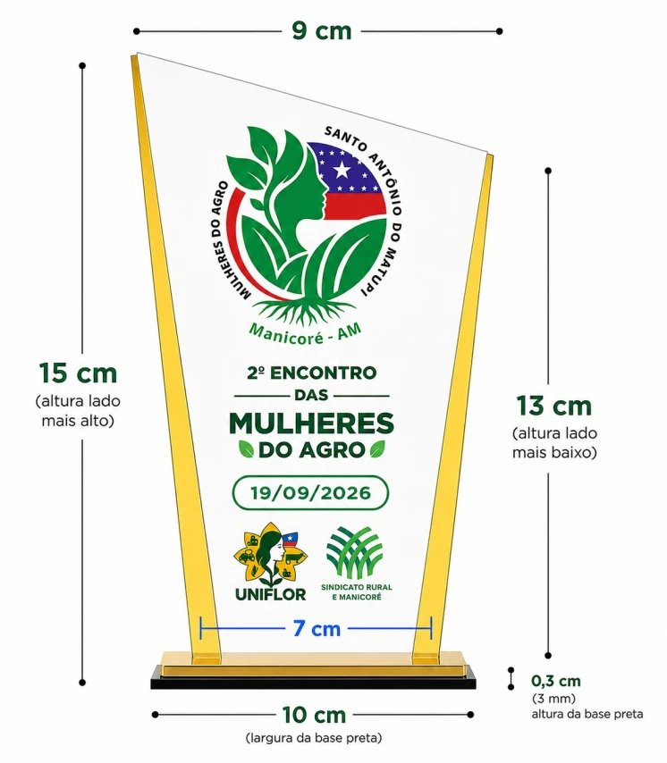 TROFÉU ACRÍLICO 3MM COM IMPRESSÃO 15X9CM + DOURADO ESPELHADO + BASE PRETA 3MM - PERSONALIZADO